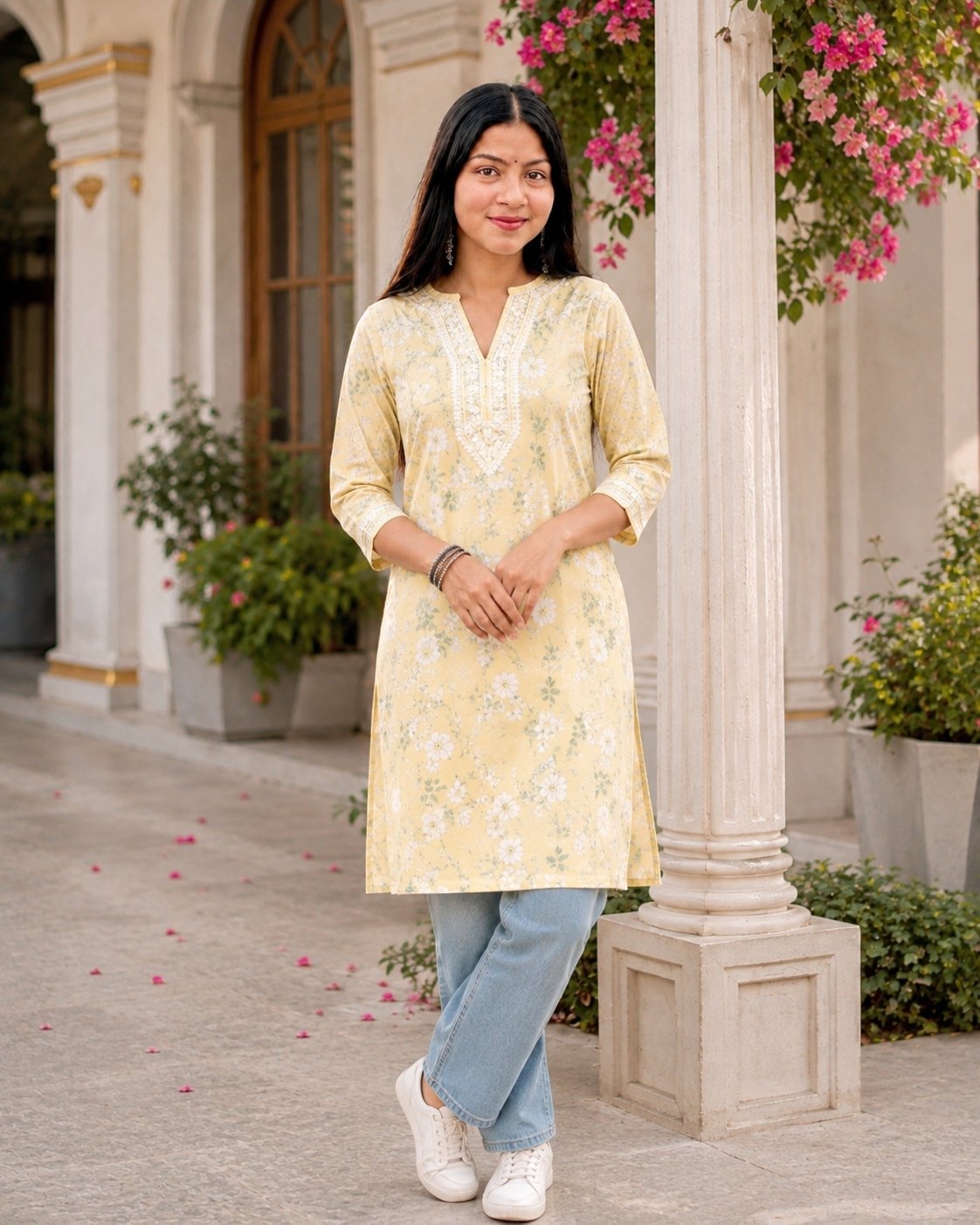 Women’s Pastel Yellow Floral Printed Casual Kurta with Light Blue Jeans
