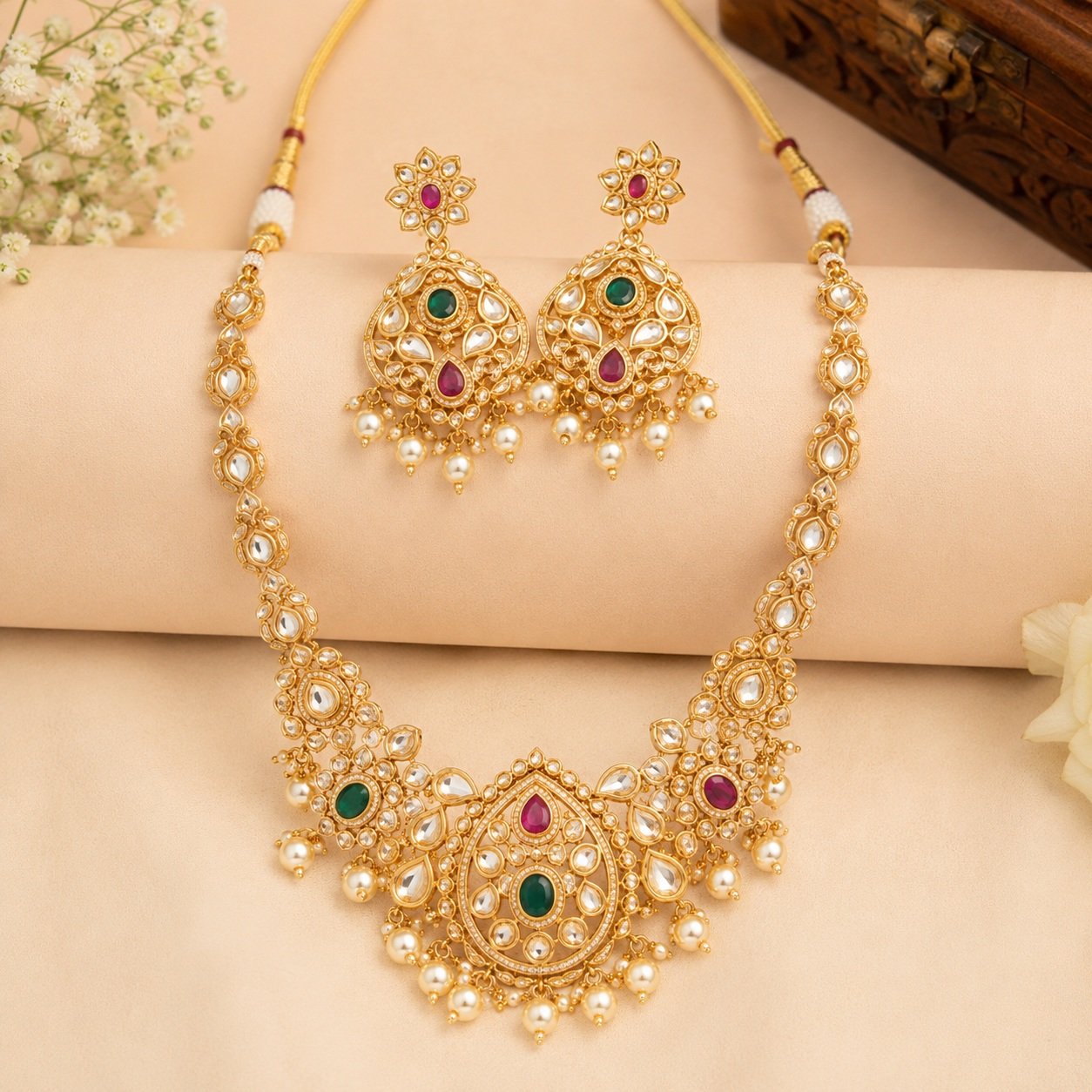 Traditional Indian Kundan Gold-Plated Necklace & Earrings Set